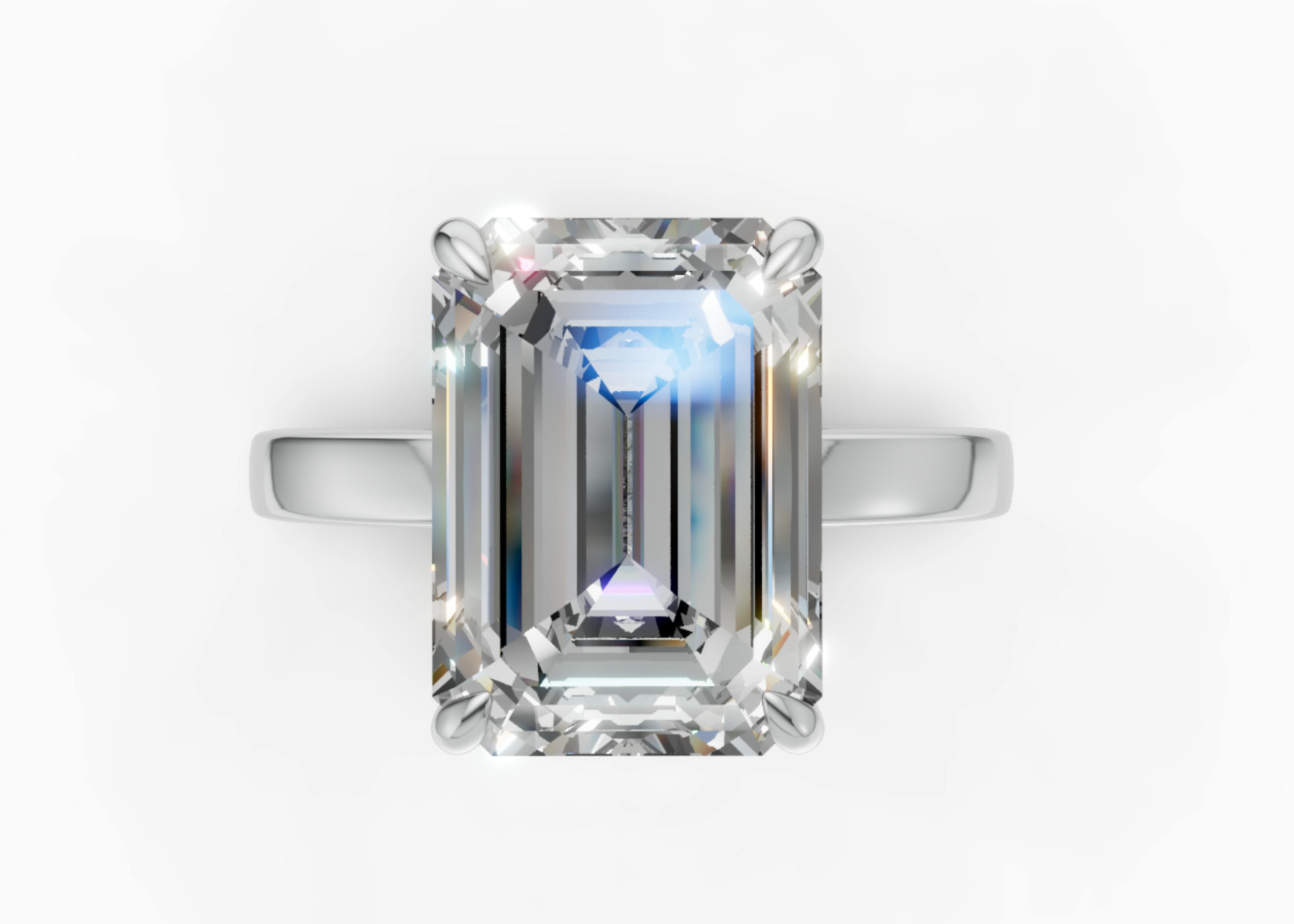 Render of Sofia richie's emerald cut diamond engagement ring in platinum.