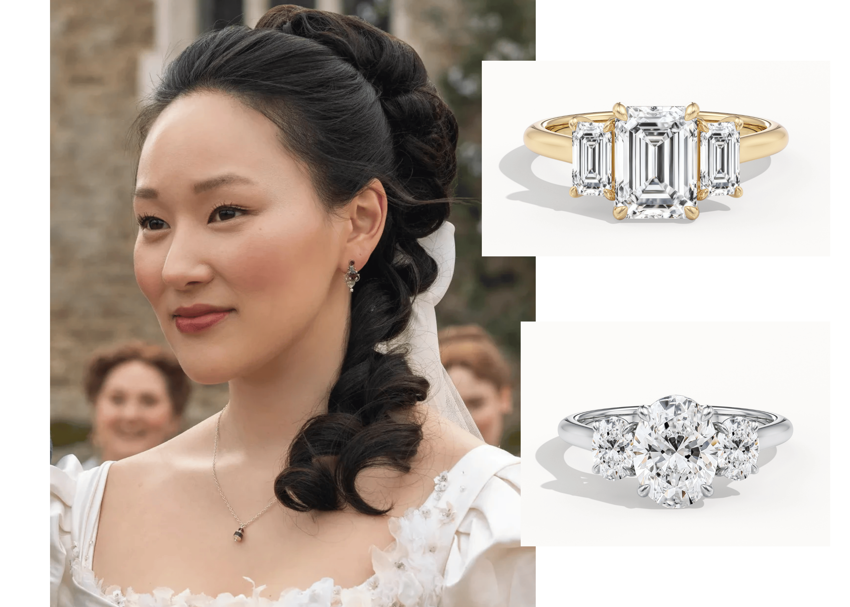 Sophie Baek Bridgerton in her wedding dress and with two Queensmith engagement rings.