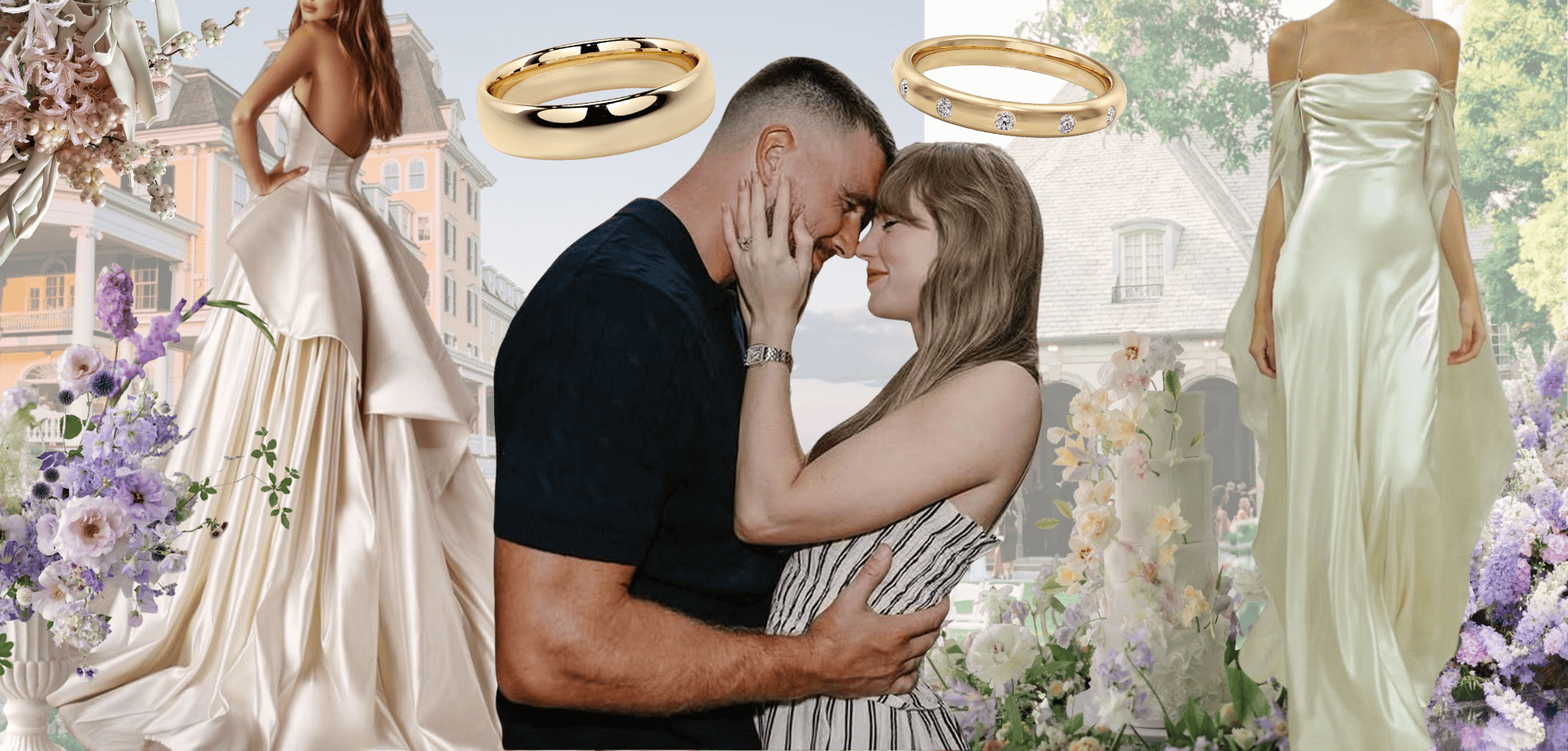 A collage-style wedding mood board featuring Taylor Swift and Travis Kelce embracing, surrounded by elegant bridal gowns, pastel floral arrangements, a whimsical tiered wedding cake, and yellow gold wedding rings – visually predicting the aesthetic of their future wedding.