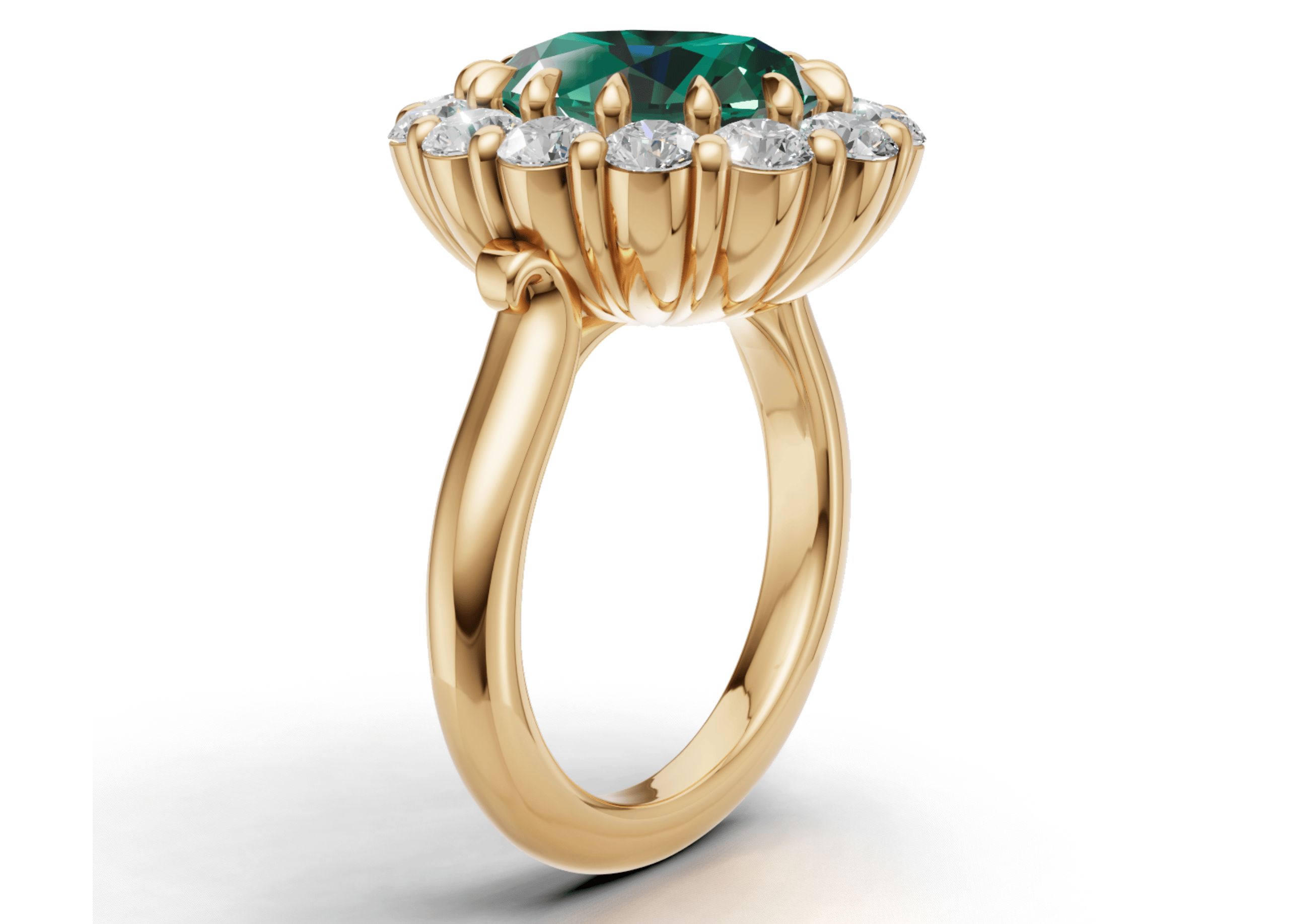 Side view render of Taylor Swift engagement ring prediction 6ct Emerald Oval with Diamond Halo in Yellow Gold.