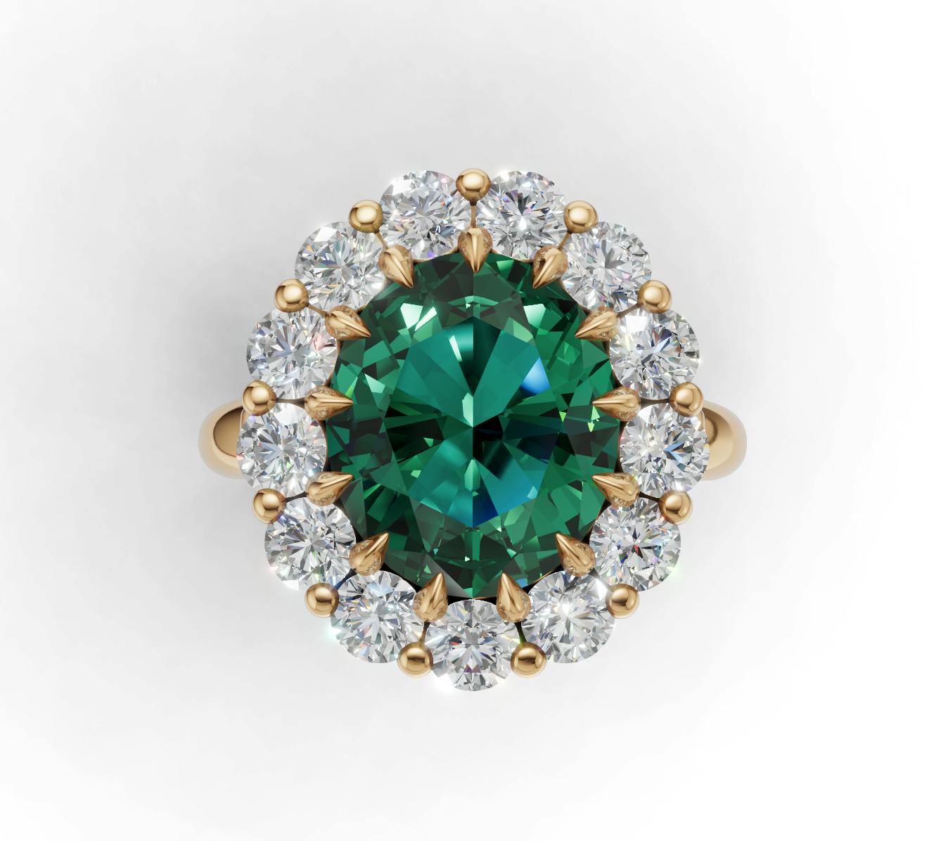 Render of Taylor Swift engagement ring prediction 6ct Emerald Oval with Diamond Halo in Yellow Gold.