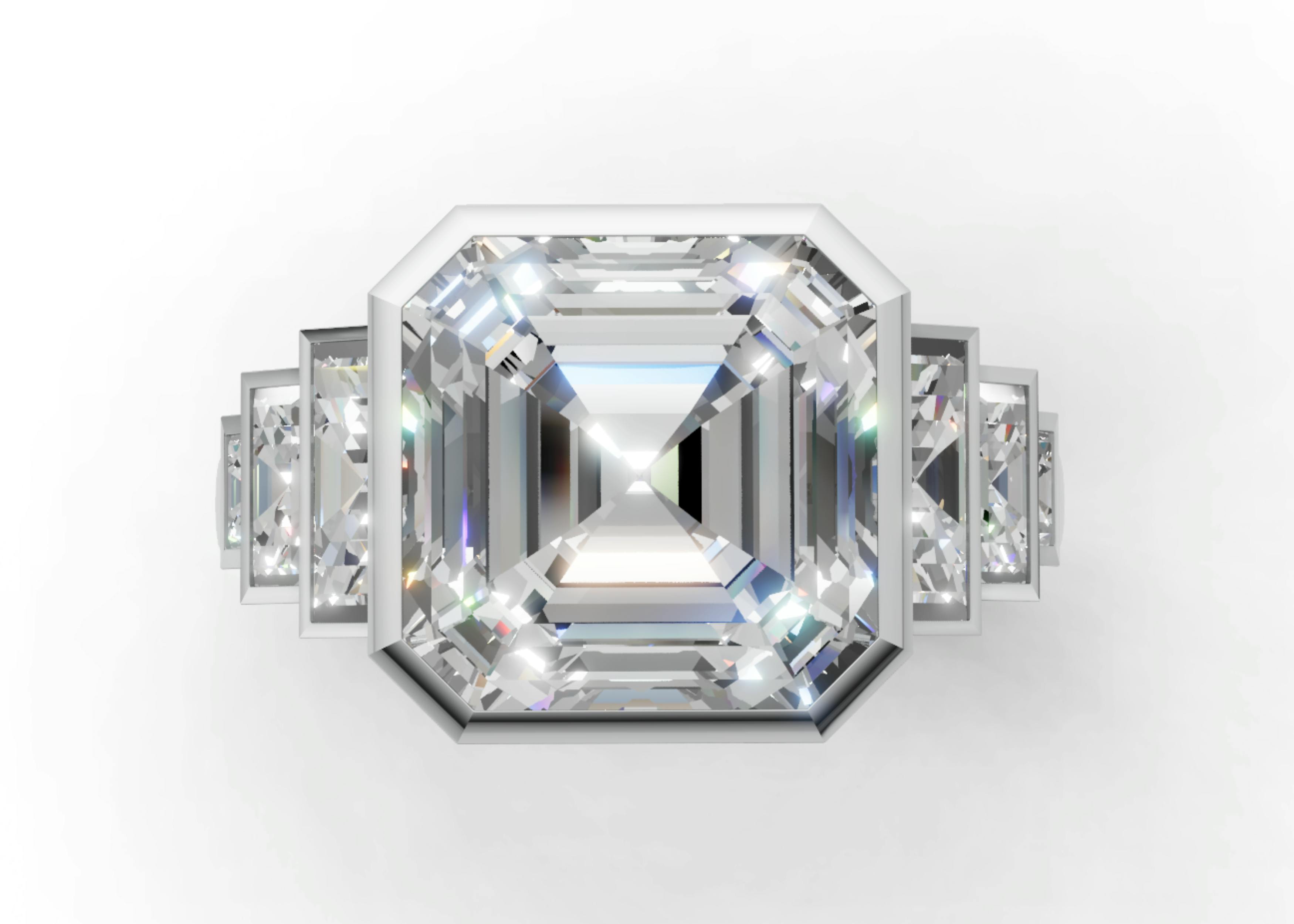 Render of Taylor Swift engagement ring prediction 8ct Asscher Rubover Baguette Deco Ring.