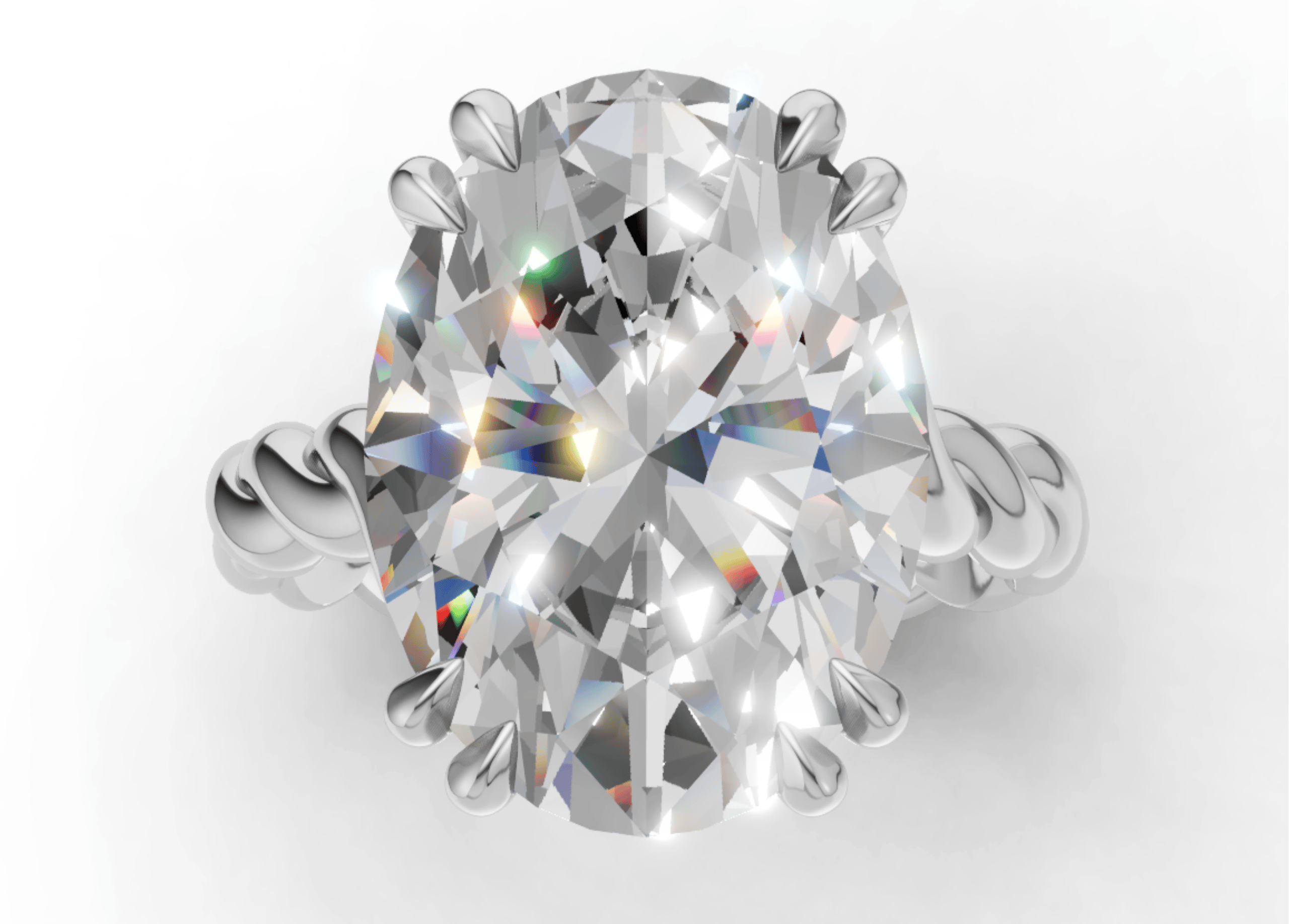 Render of Taylor Swift engagement ring prediction 8ct Oval Interwoven Band Double Claws Platinum.