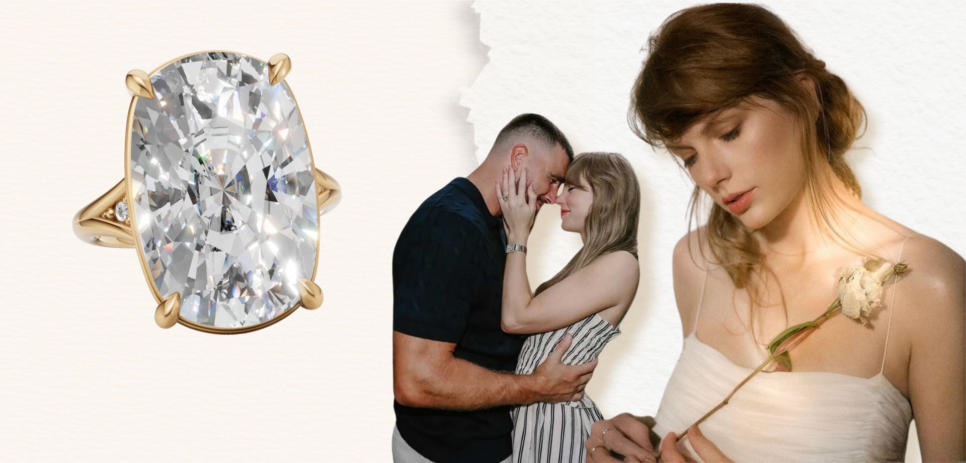Taylor Swift's engagement ring and Travis Kelce proposal with close up of diamond cushion shaped old mine cut engagement ring.