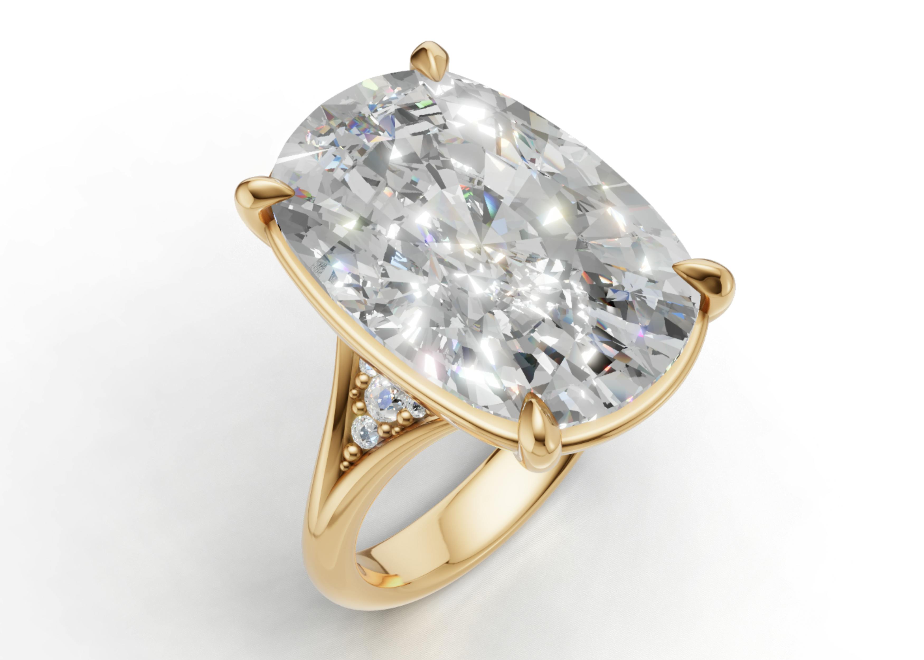 Close up of Taylor Swift's engagement ring, angled side view.