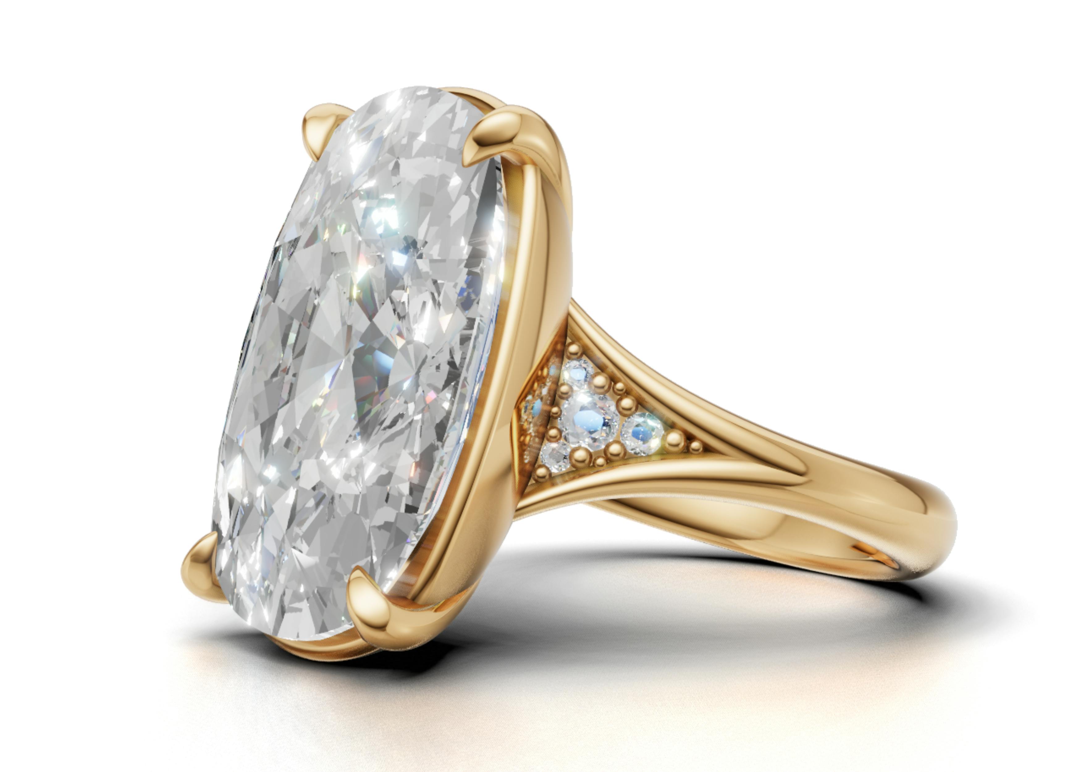 Close up of Taylor Swift's engagement ring, side view.