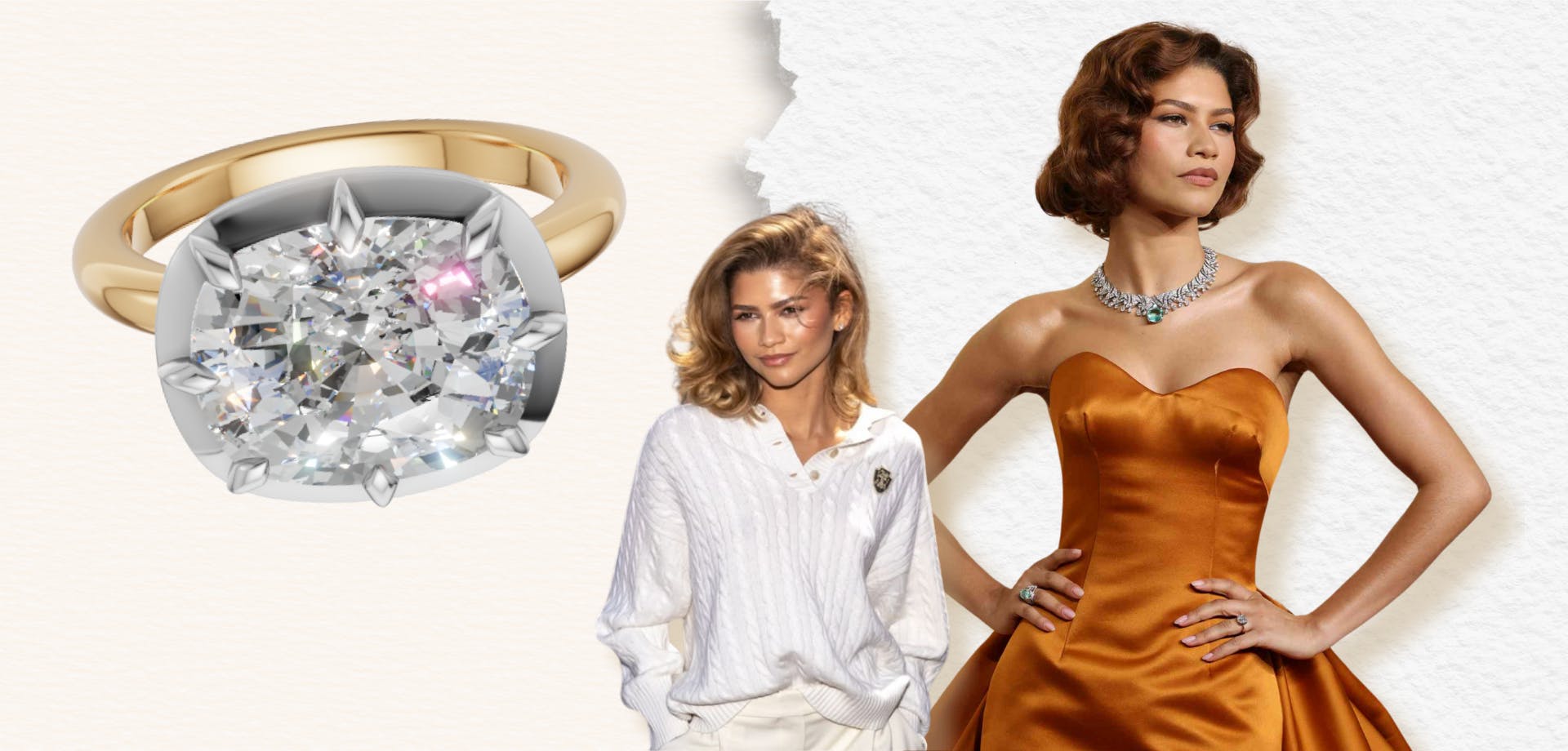 Actress Zendaya and queensmith render of Zendaya's engagement ring.