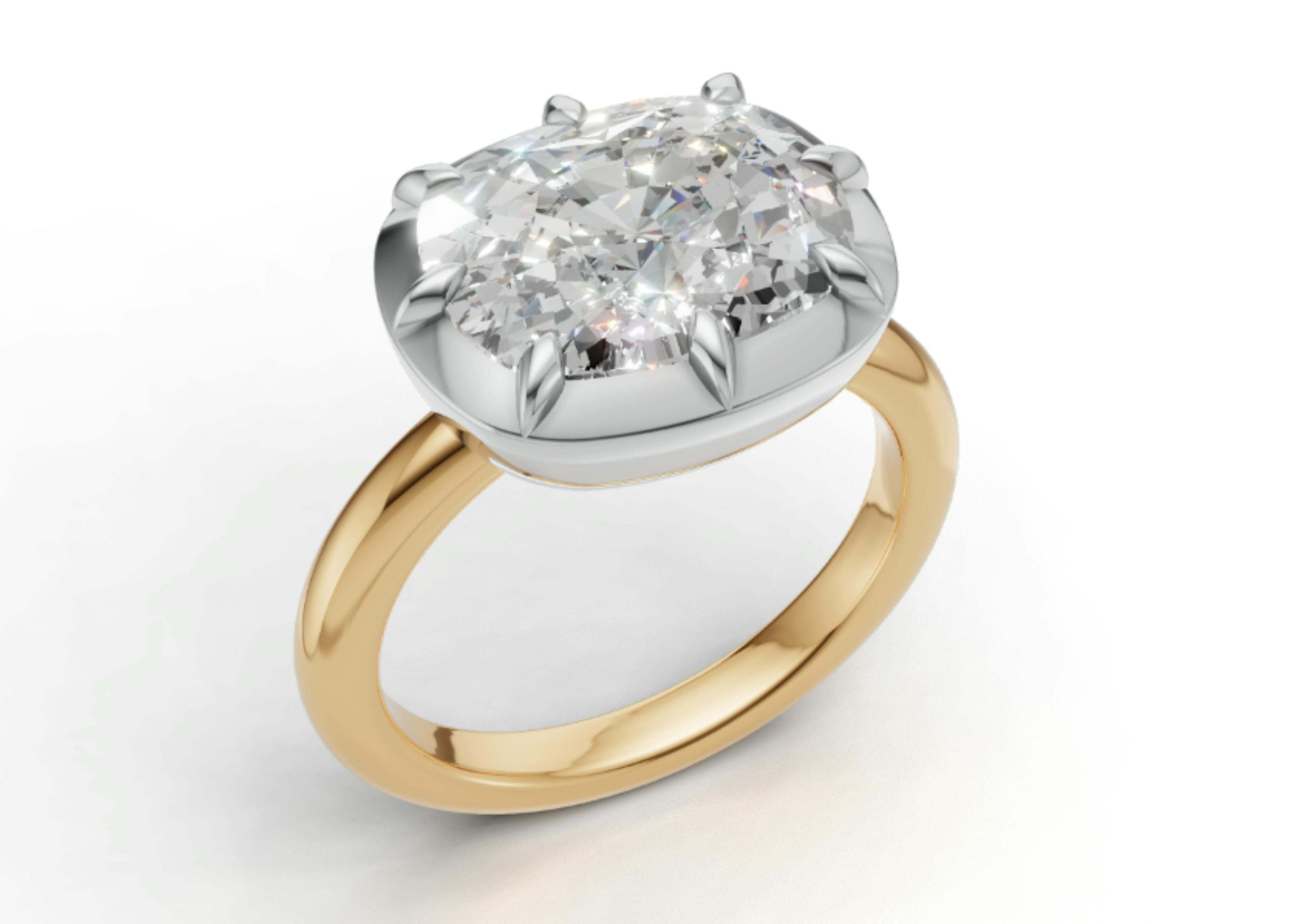 Side angle of Queensmith's render of Zendaya's engagement ring: an east-to-west cushion cut diamond with Georgian-style cut-down yellow gold and platinum/white gold setting.