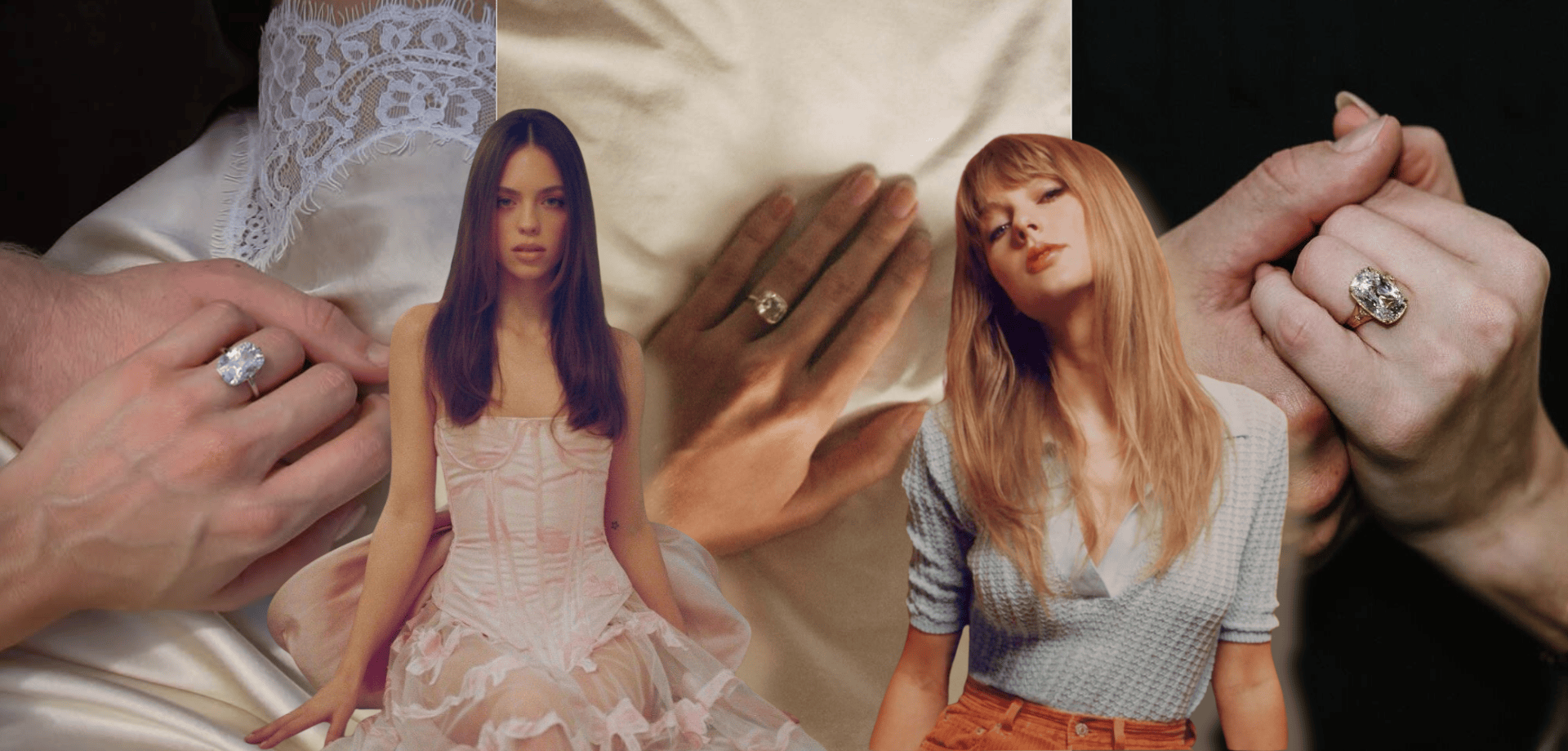 Taylor Swift's old mine cut diamond engagement ring and other cushion cut rings.