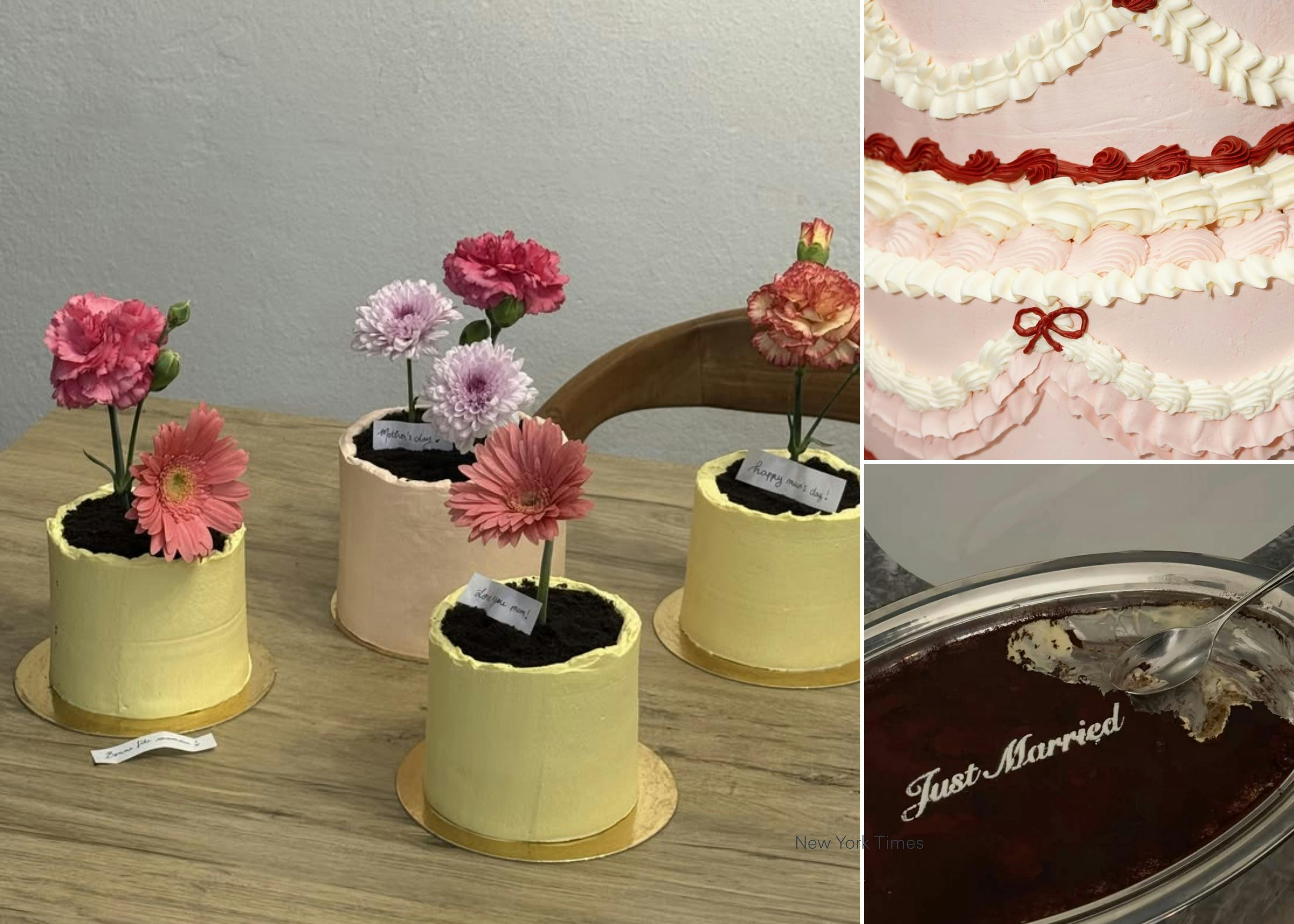A three-grid collage showcasing flower pot wedding cakes, a red and white vintage-style wedding cake, and a chic "just married" tirimasu.