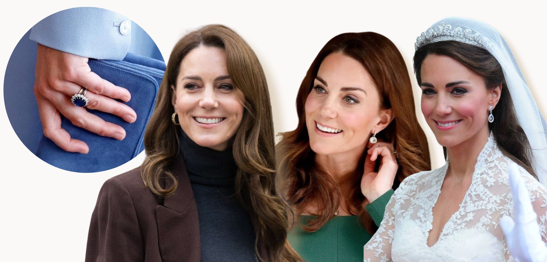 Kate Middleton wearing her sapphire engagement ring and other iconic jewellery pieces, including earrings and tiara, across different public appearances.