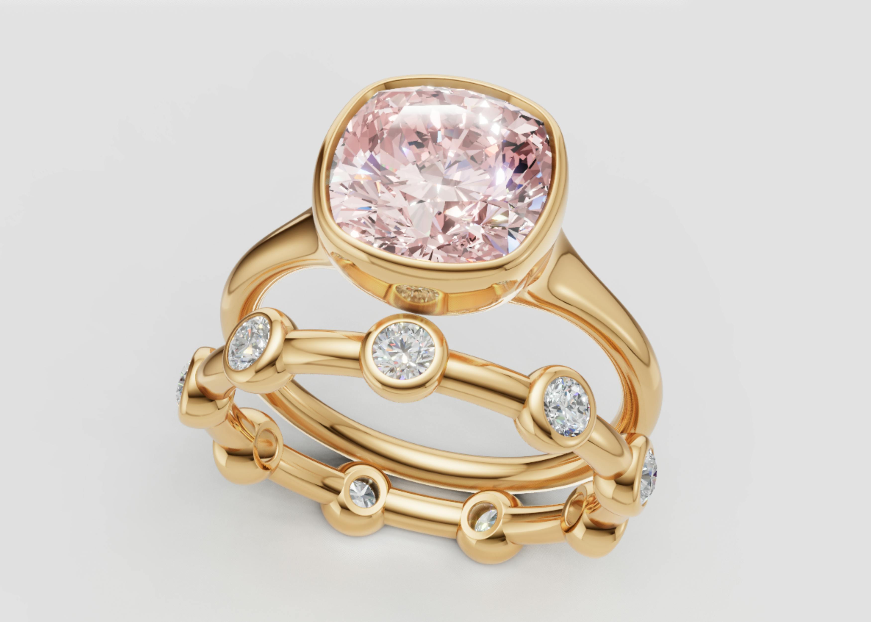 Angled Queensmith render of Lily Collins’ rose-cut style engagement ring in yellow gold, stacked with a dainty diamond bezel-set wedding band.