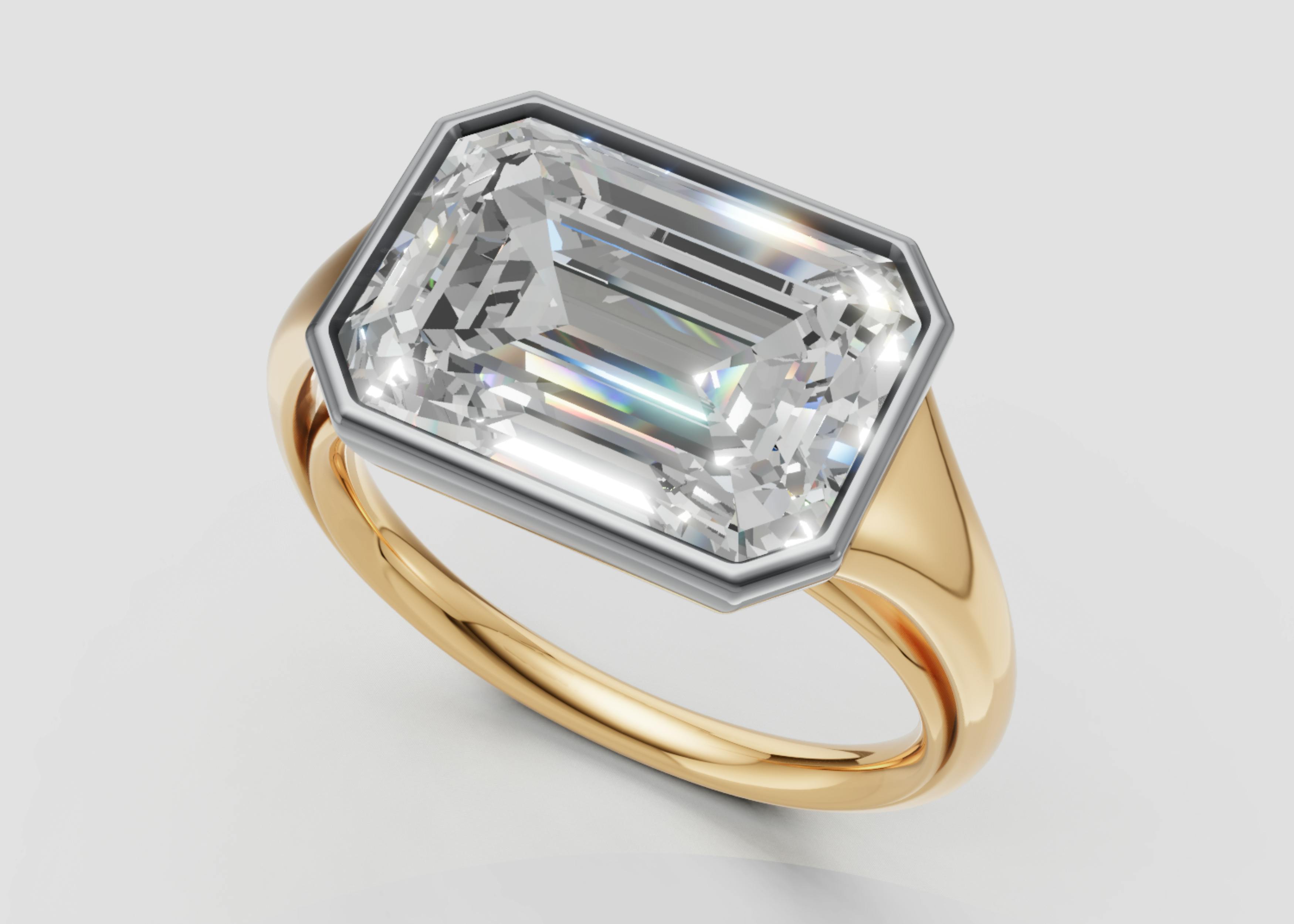 Queensmith render of Lily Collins’ new engagement ring featuring a 5-carat east-to-west emerald-cut diamond in a sleek mixed-metal bezel setting.