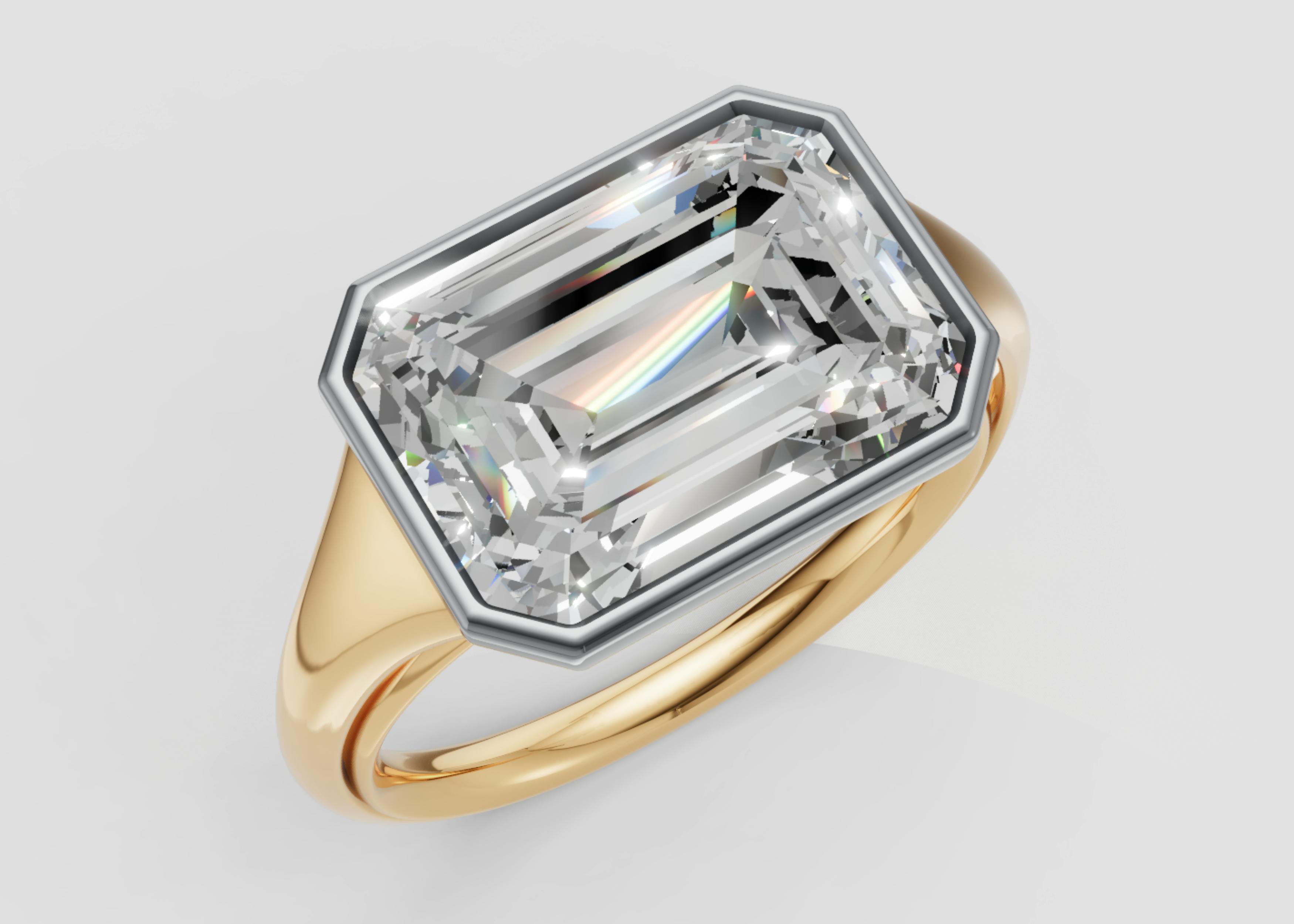Queensmith render of Lily Collins’ new engagement ring featuring a 5-carat east-to-west emerald-cut diamond in a sleek mixed-metal bezel setting.