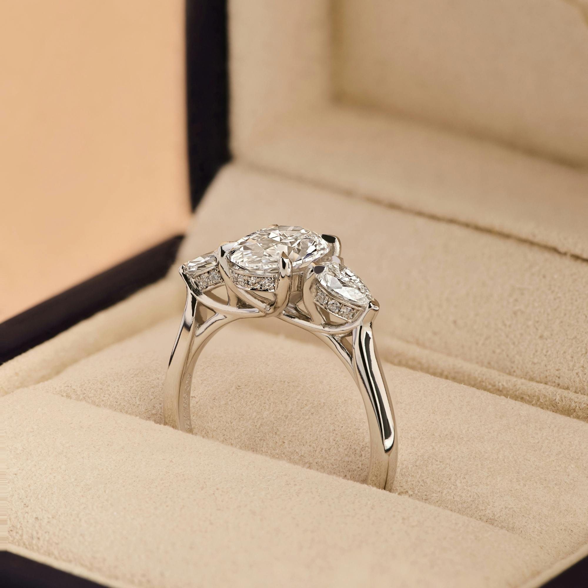A side-view shot of the non-wedfit Lamar 2.1ct engagement ring in platinum.