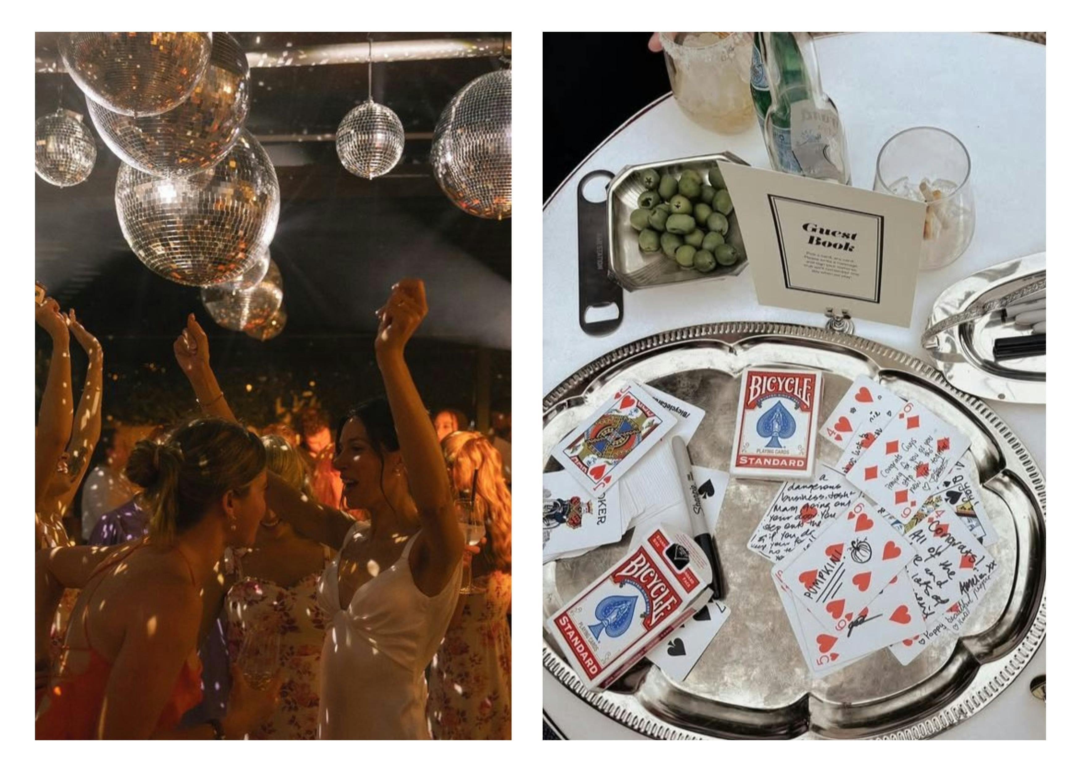 A split image. One side is a picture of a bride and her friends dancing under the light of a disco ball, the other side is of a modern wedding guest book where guests write notes on playing cards.