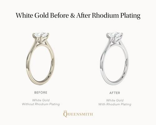 An infographic showing the visual difference between white gold with and without rhodium plating, with the rhodium plated version showcasing a bright and modern look.